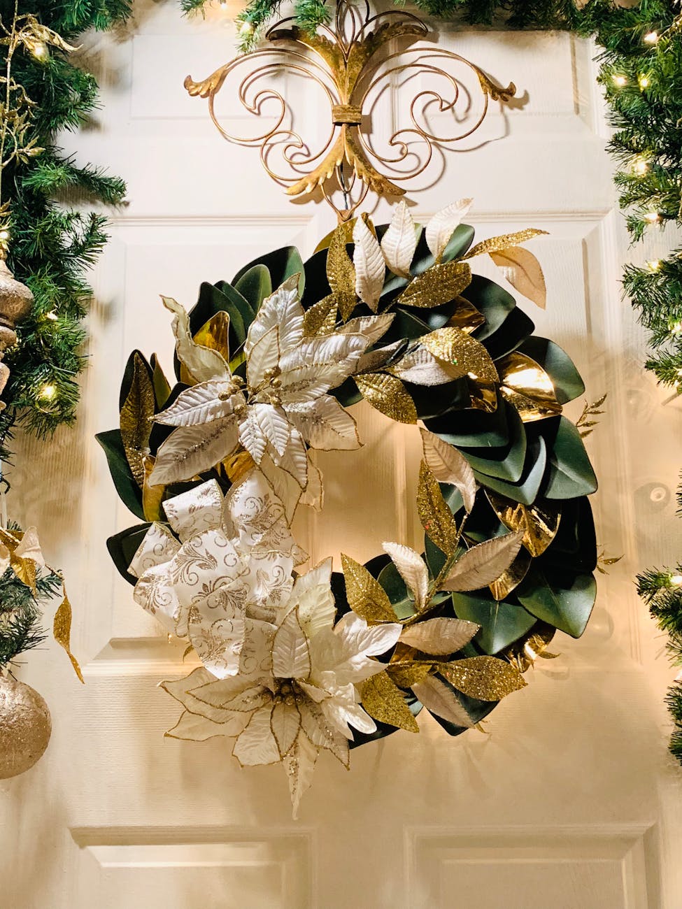 white and green leave wreath